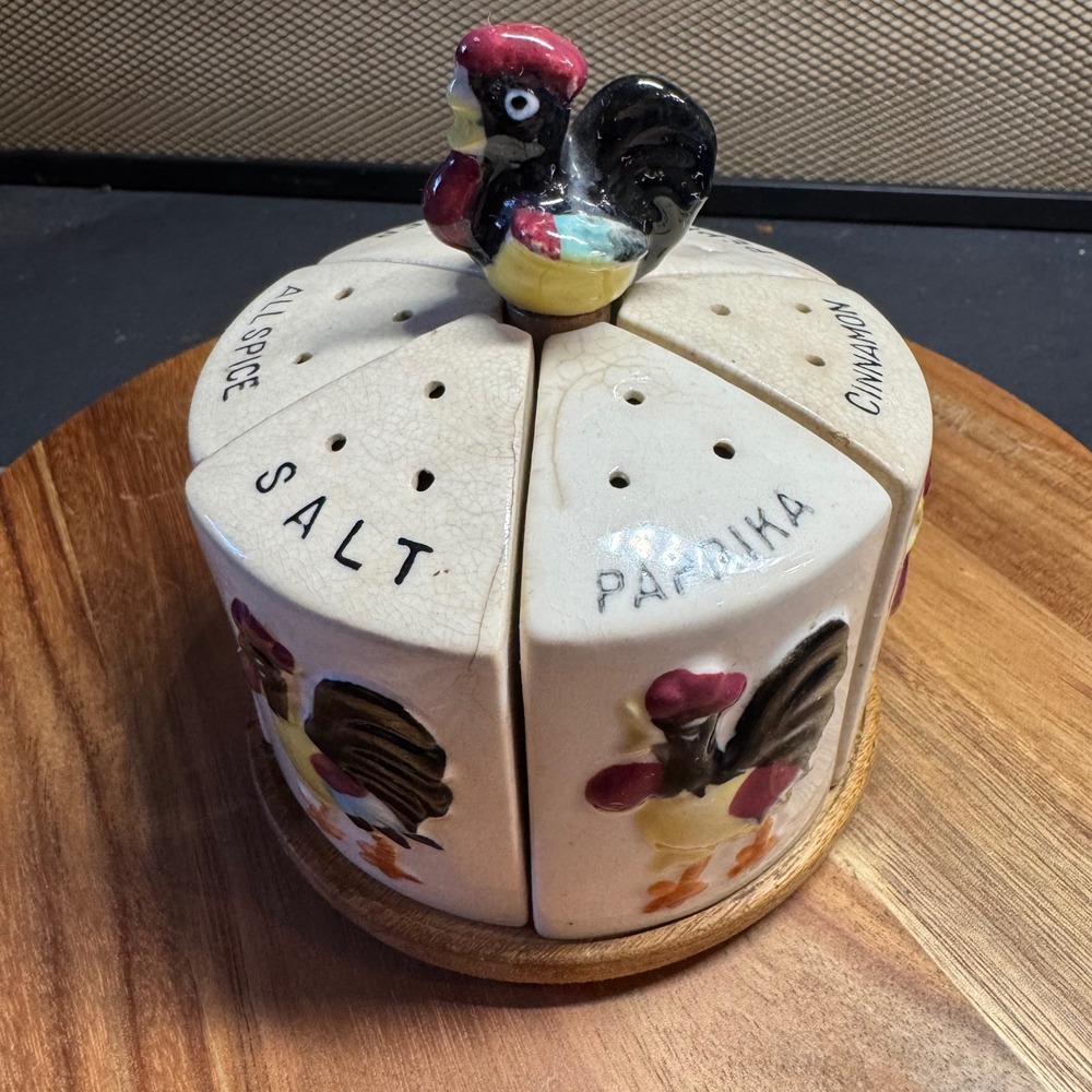 Vitg Rooster Spice Rack Set Ceramic Japan 6 Piece Shakers Wooden Carousel Base